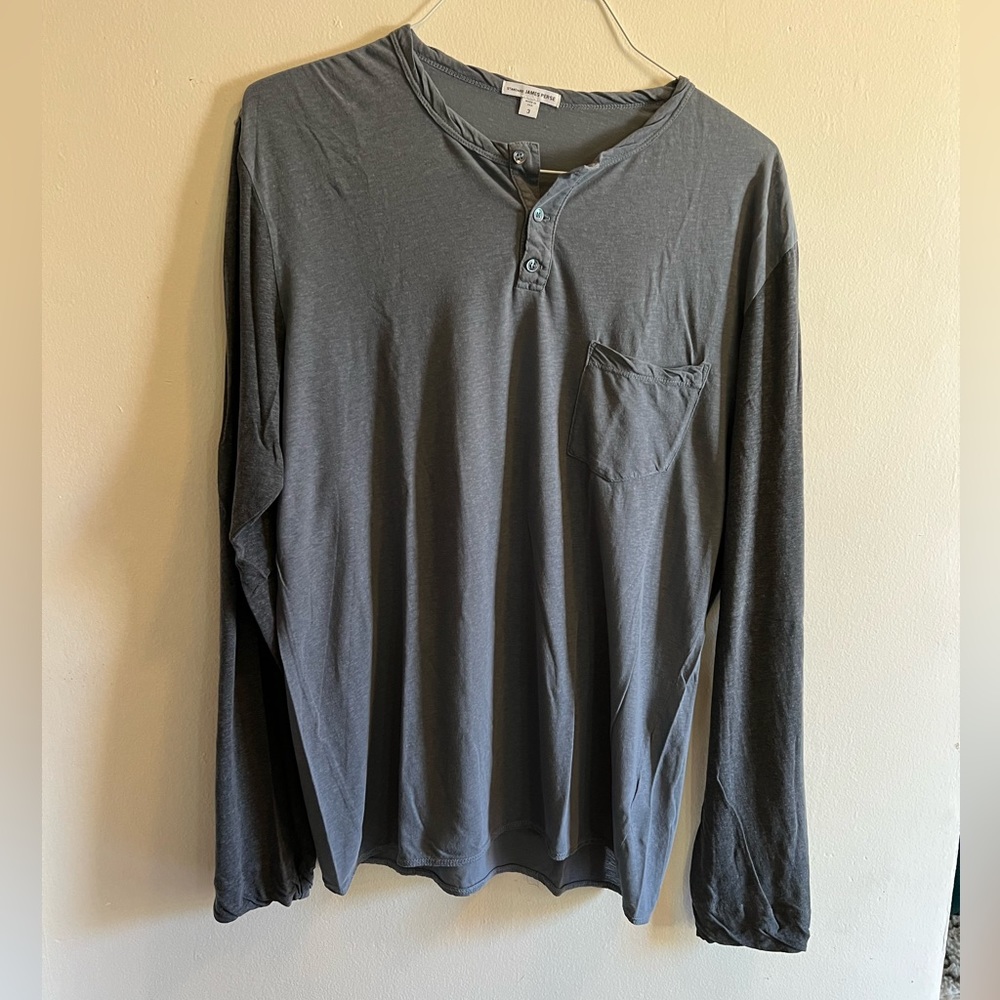 James Perse Blue with Gray Sleeves Pocket Raglan Henley - Size 3 (L)